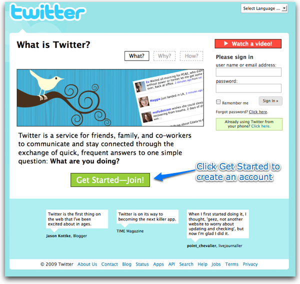 Get Started link on Twitter.com